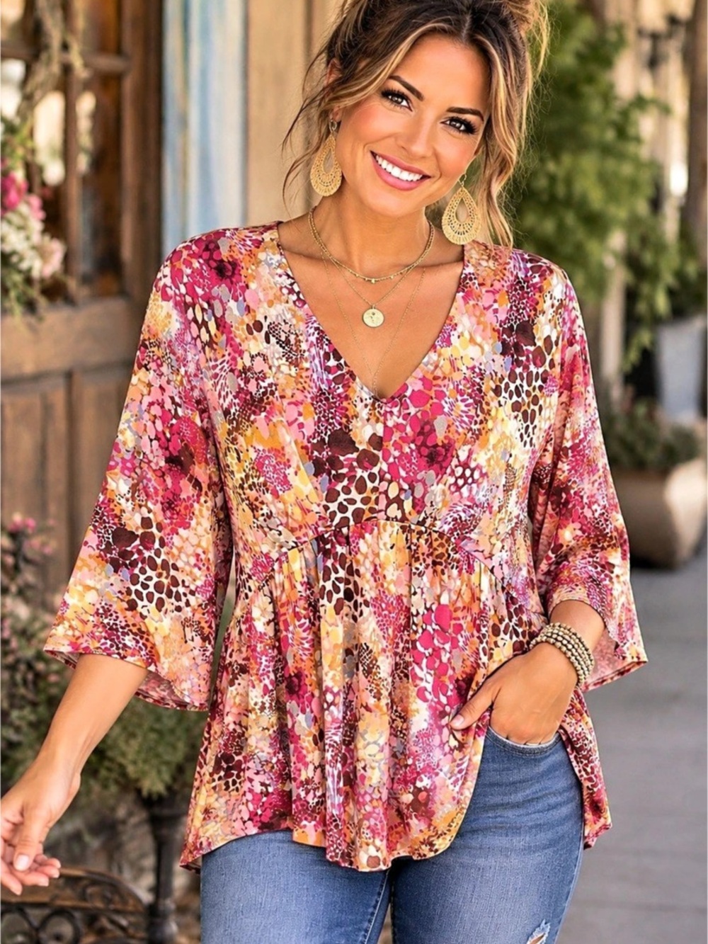 NWT Dear Scarlett Multicolor Abstract Print V-Neck Babydoll Blouse Top L A11